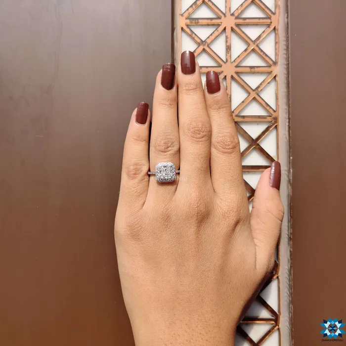 Diamondrensu 222 TW Radiant Cut Classic Pave Halo Moissanite Diamond Engagement Ring Rings