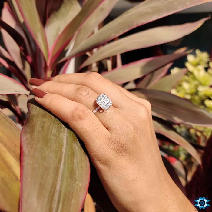 Diamondrensu 222 TW Radiant Cut Classic Pave Halo Moissanite Diamond Engagement Ring Rings
