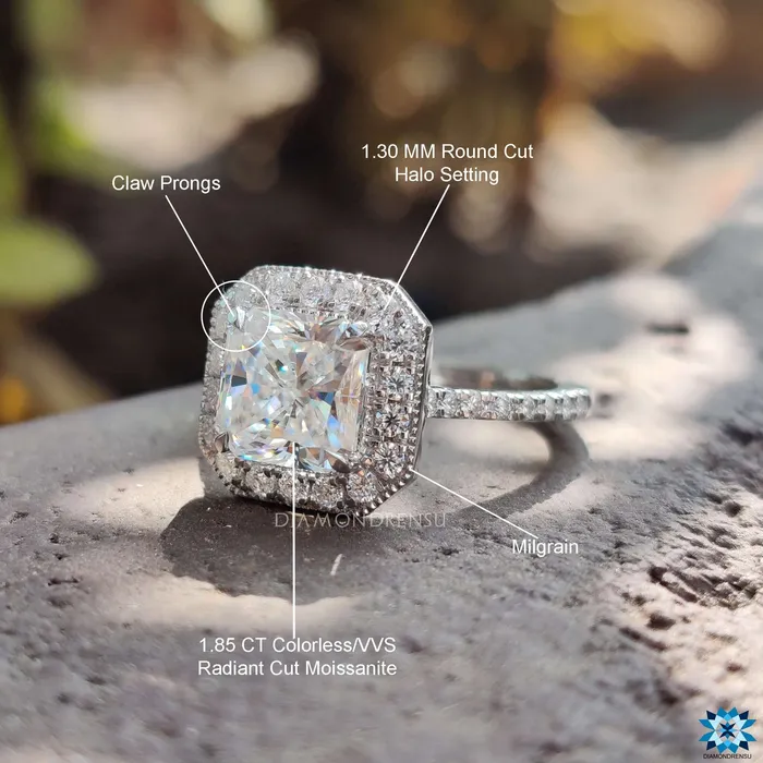 Diamondrensu 222 TW Radiant Cut Classic Pave Halo Moissanite Diamond Engagement Ring Rings