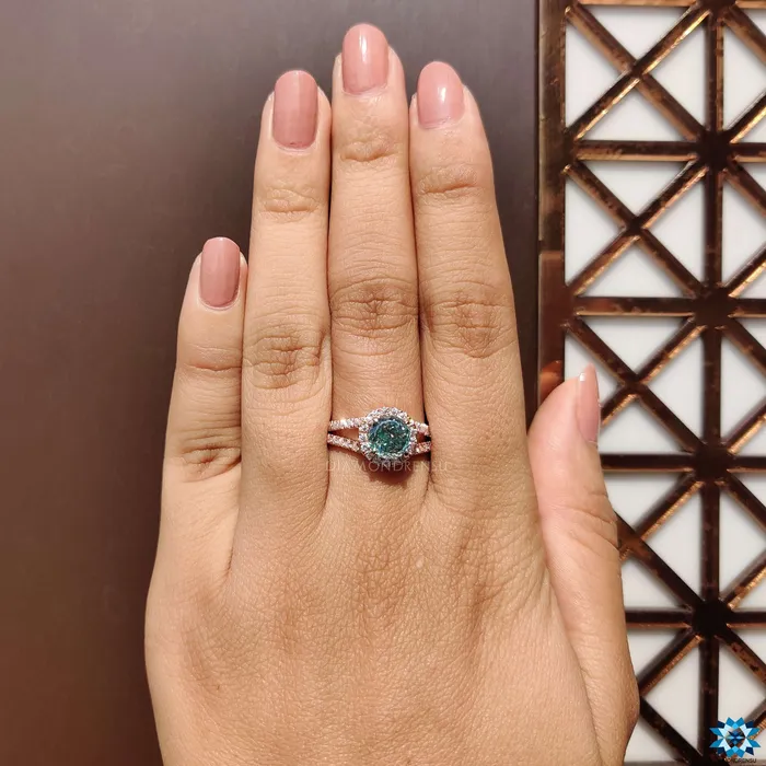 Diamondrensu Rings 386 TW Portuguese Cut Cyan Blue Moissanite Halo Engagement Ring Split Shank Ring