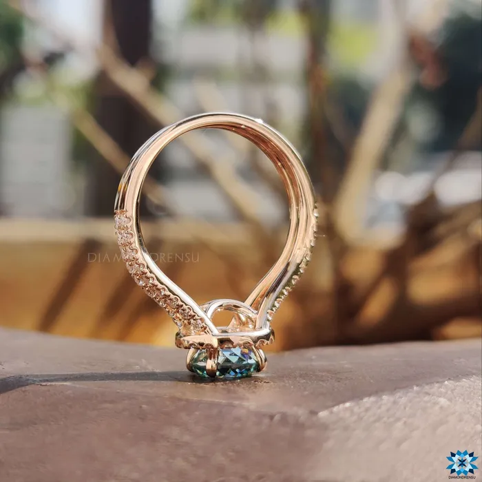 Diamondrensu Rings 386 TW Portuguese Cut Cyan Blue Moissanite Halo Engagement Ring Split Shank Ring