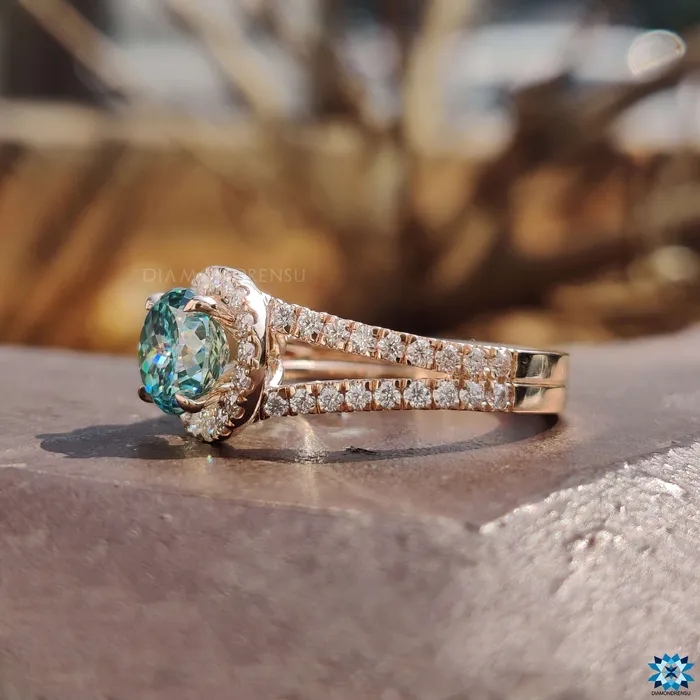 Diamondrensu Rings 386 TW Portuguese Cut Cyan Blue Moissanite Halo Engagement Ring Split Shank Ring