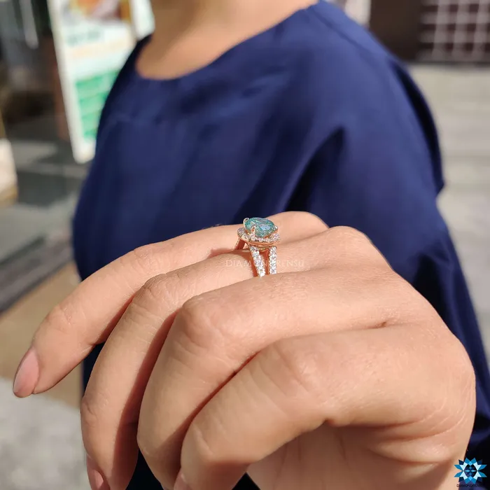 Diamondrensu Rings 386 TW Portuguese Cut Cyan Blue Moissanite Halo Engagement Ring Split Shank Ring