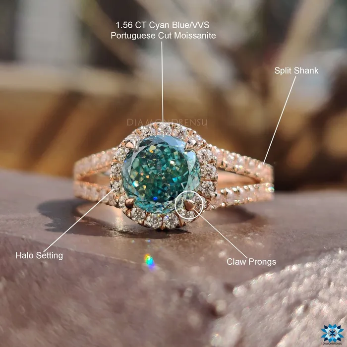 Diamondrensu Rings 386 TW Portuguese Cut Cyan Blue Moissanite Halo Engagement Ring Split Shank Ring