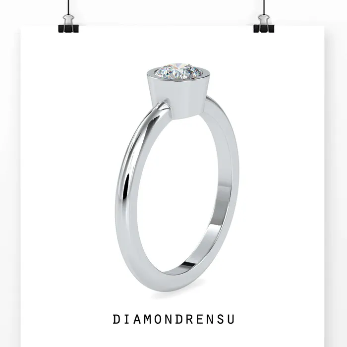 Diamondrensu Rings Bezel Engagement Ring with Brilliant Round Cut Diamond