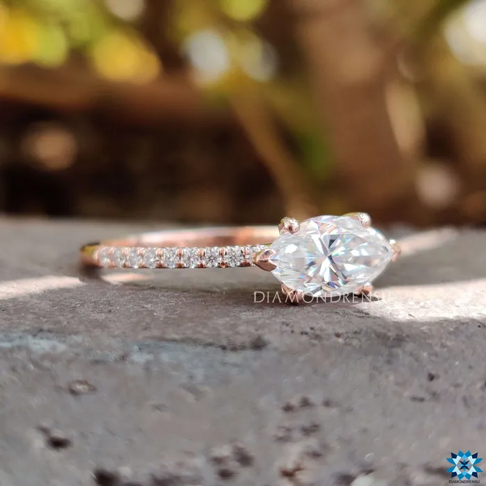Diamondrensu Rings East to West Classic French Pave Marquise Moissanite Engagement Ring