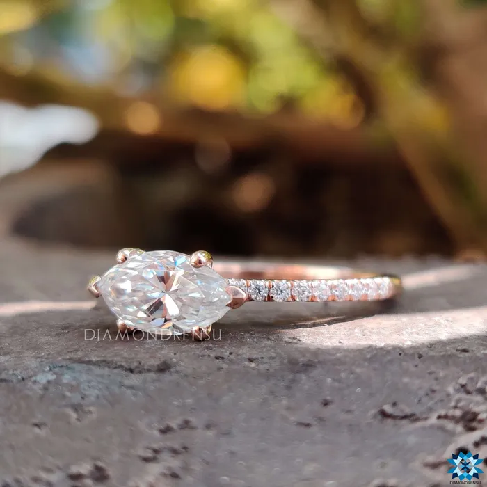 Diamondrensu Rings East to West Classic French Pave Marquise Moissanite Engagement Ring