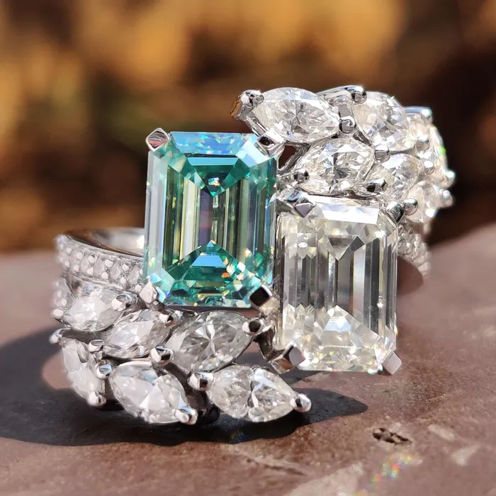 Diamondrensu Rings Vintage Style 493 TW Emerald Cut Unique Moissanite Engagement Ring Decorative Bypass Pave Moissanite Ring Diamondrensu Rings Vintage Style 493 TW Emerald Cut Unique Moissanite Engagement Ring Decorative Bypass Pave Moissanite Ring