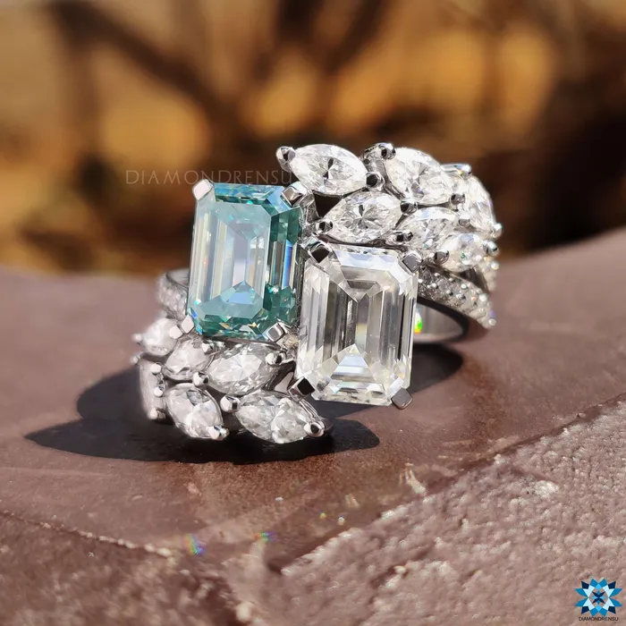 Diamondrensu Rings Vintage Style 493 TW Emerald Cut Unique Moissanite Engagement Ring Decorative Bypass Pave Moissanite Ring