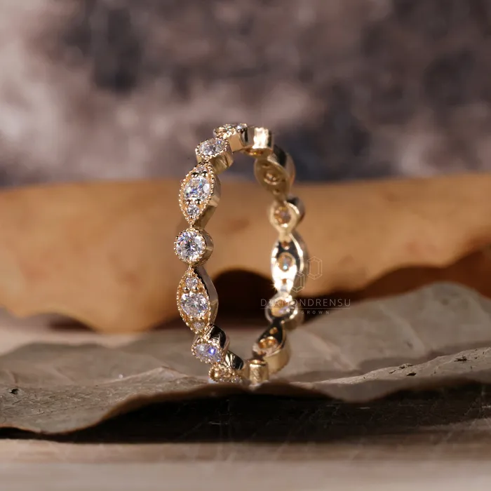 Diamondrensu Rings Vintage Style Matching Wedding Ring 075 TW Round Brilliant Cut Milgrain Bezel Set Lab Created Diamond Eternity Band