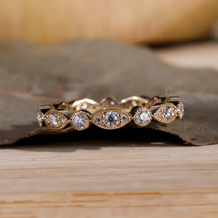 Diamondrensu Rings Vintage Style Matching Wedding Ring 075 TW Round Brilliant Cut Milgrain Bezel Set Lab Created Diamond Eternity Band