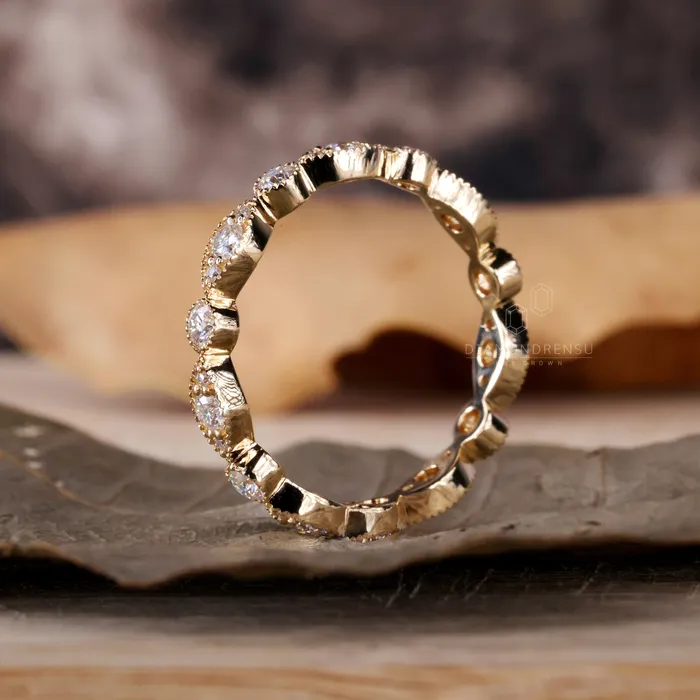 Diamondrensu Rings Vintage Style Matching Wedding Ring 075 TW Round Brilliant Cut Milgrain Bezel Set Lab Created Diamond Eternity Band