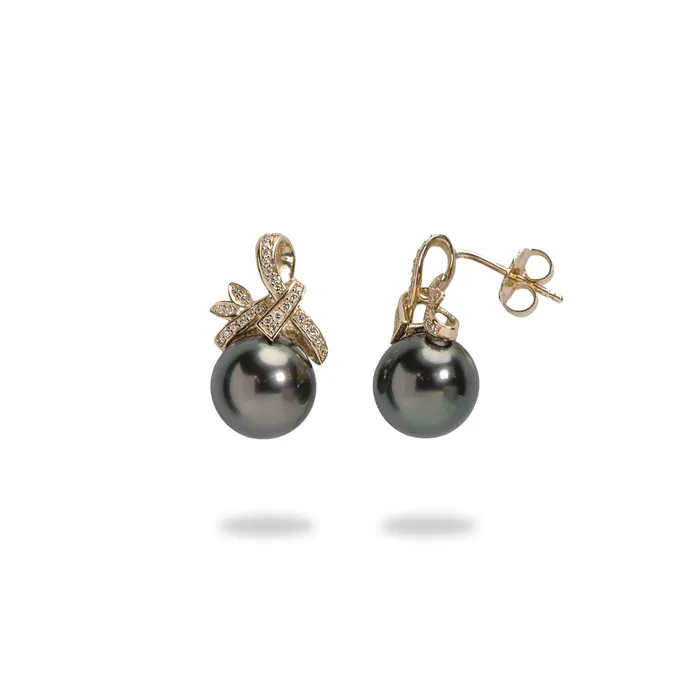 Earrings Maui Divers Jewelry Tahitian Black Pearl Earrings in Gold with Diamonds 910mm