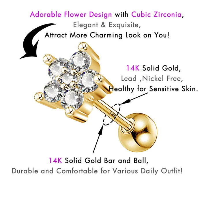 Earrings OUFER BODY JEWELRY 14K Gold Cartilage Earrings Flower Cartilage Earring Earrings OUFER BODY JEWELRY 14K Gold Cartilage Earrings Flower Cartilage Earring