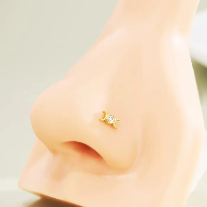 Earrings OUFER BODY JEWELRY 14K Solid Gold Moon Phase Clear CZ Top Flat Back Nose Stud