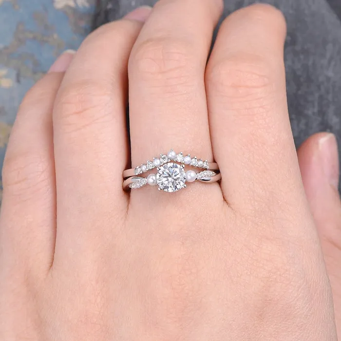 Flawless Moissanite Rings Round Cut Moissanite and Silver Pearl Ring set