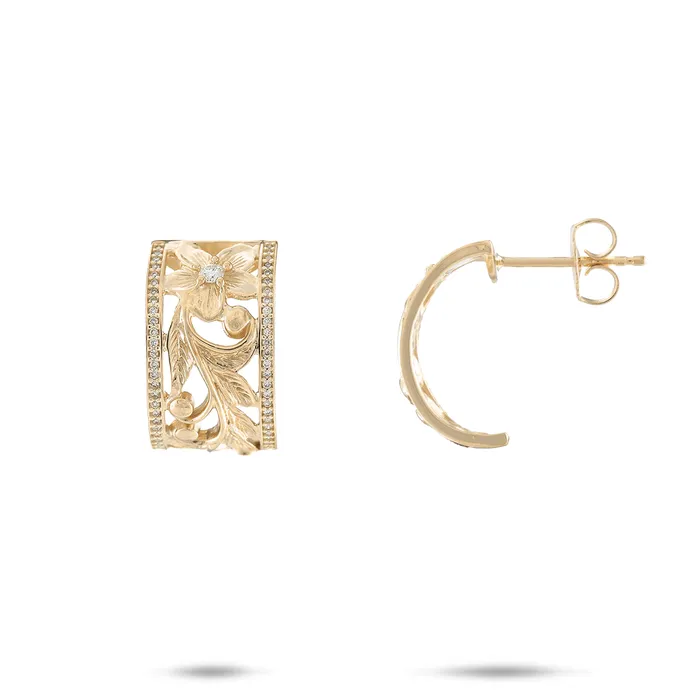 Hawaiian Heirloom Plumeria Scroll Earrings in Gold 10mm Maui Divers Jewelry Earrings
