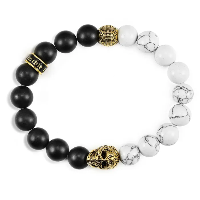 Invicta Jewelry Bracelets Crucible Gold Skull Stretch Bracelet with 10mm Matte Black Onyx and Howlite Beads