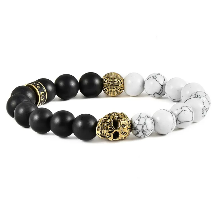 Invicta Jewelry Bracelets Crucible Gold Skull Stretch Bracelet with 10mm Matte Black Onyx and Howlite Beads