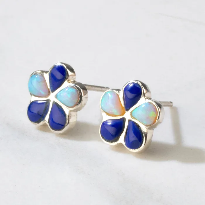 Kalifano Earrings Lapis Opal Accent Flower USA Handmade 925 Sterling Silver Earring with Stud Backing Kalifano Earrings Lapis Opal Accent Flower USA Handmade 925 Sterling Silver Earring with Stud Backing