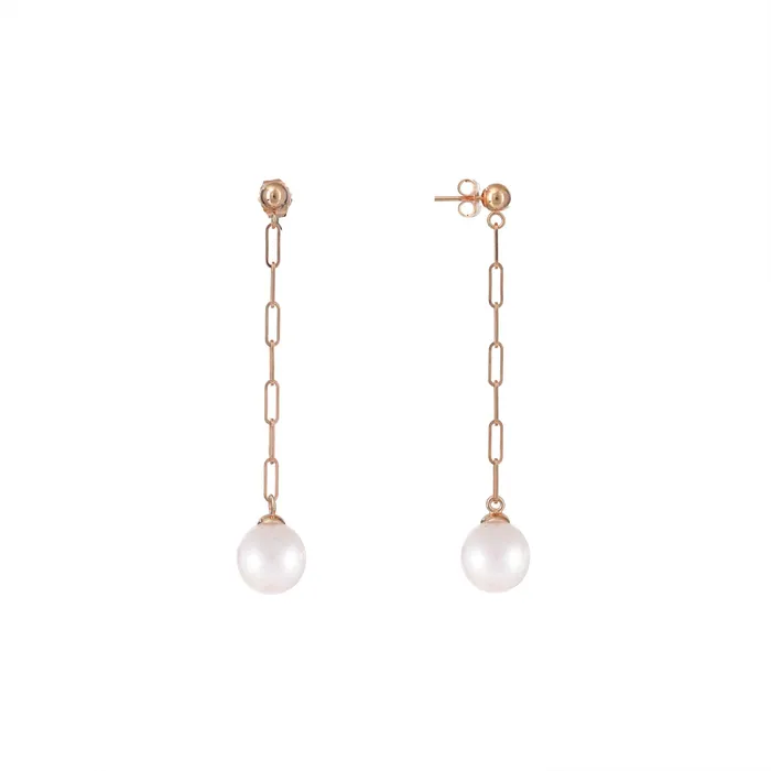 Maui Divers Jewelry Earrings Akoya White Pearl Paperclip Chain Earrings in Rose Gold 8mm Maui Divers Jewelry Earrings Akoya White Pearl Paperclip Chain Earrings in Rose Gold 8mm