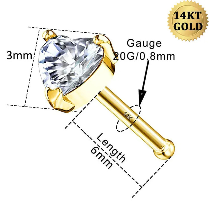 OUFER BODY JEWELRY Earrings 14K Gold 20G Heart CZ Bone Nose Stud OUFER BODY JEWELRY Earrings 14K Gold 20G Heart CZ Bone Nose Stud