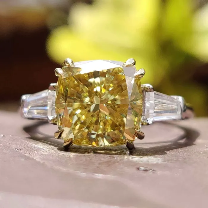 Rings Diamondrensu 341 TW Canary Yellow Cushion Moissanite with Tapered Baguette Cut Three Stones Engagement Ring Rings Diamondrensu 341 TW Canary Yellow Cushion Moissanite with Tapered Baguette Cut Three Stones Engagement Ring