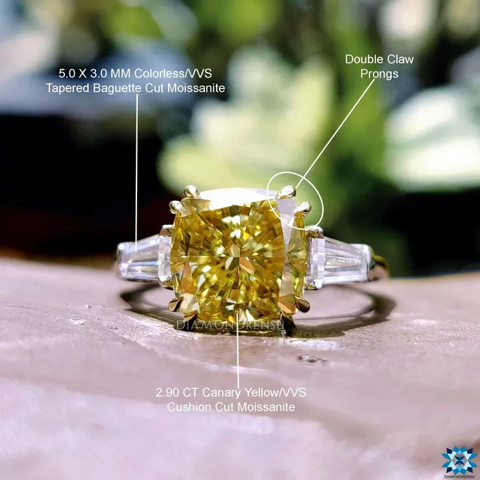 Rings Diamondrensu 341 TW Canary Yellow Cushion Moissanite with Tapered Baguette Cut Three Stones Engagement Ring