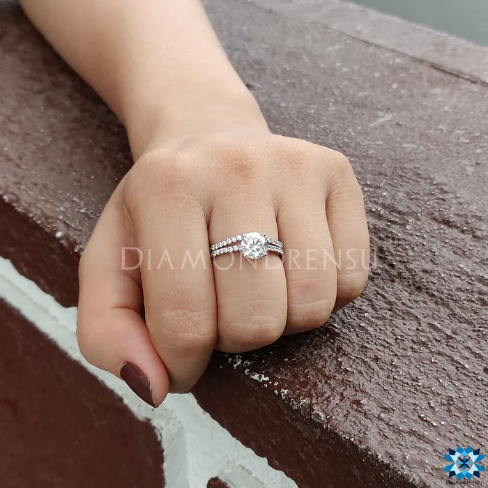 Rings Diamondrensu Pave Moissanite Diamond Ring with Classic Curvy Wedding Band