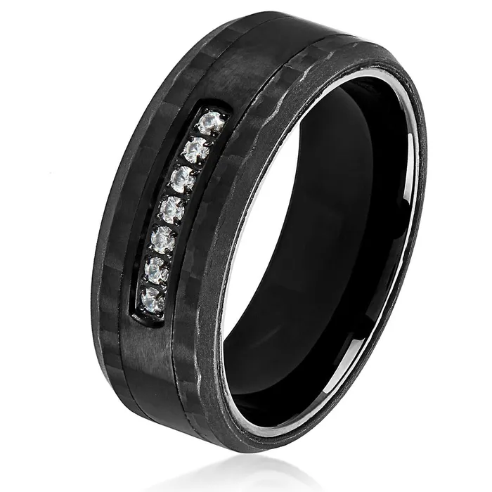 Rings Invicta Jewelry Crucible Mens Black Plated Carbon Fiber Semi Eternity Cubic Zirconia Ring