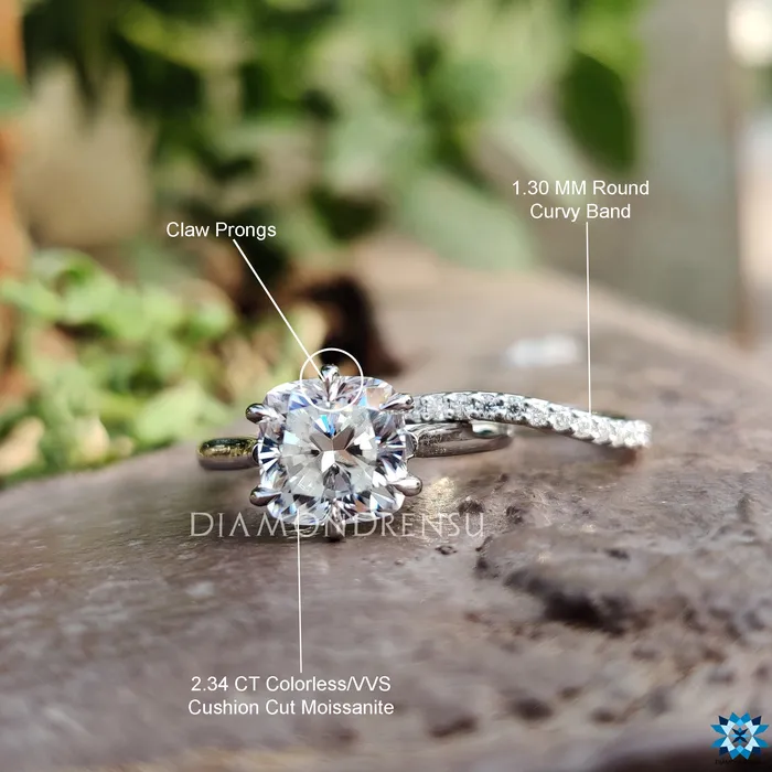 Rings Moissanite Bridal Set 234 CT Cushion Cut Moissanite Engagement Ring with Matching Curved Wedding Band Anniversary Gift for Her Diamondrensu