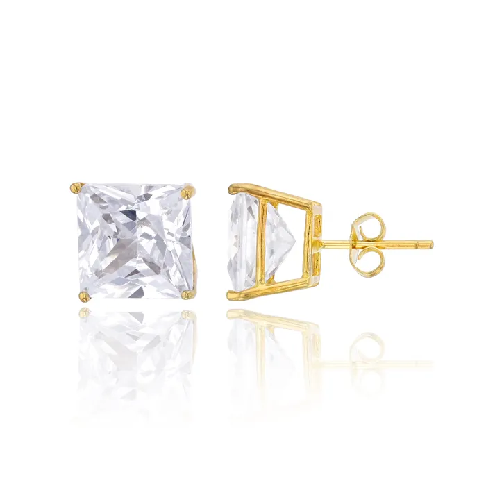 Silver Earrings Sterling Silver Cubic Zirconia White Yellow Rose 10x10MM AAA Square Princess Solitaire Stud Earrings
