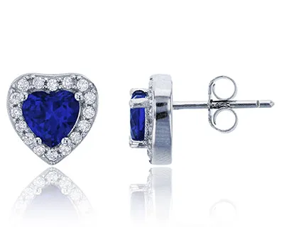 Silver Earrings Sterling Silver Rhodium 6mm Heart Cut Emerald CLear Cubic Zirconia Round Cut Halo Heart Stud Earring