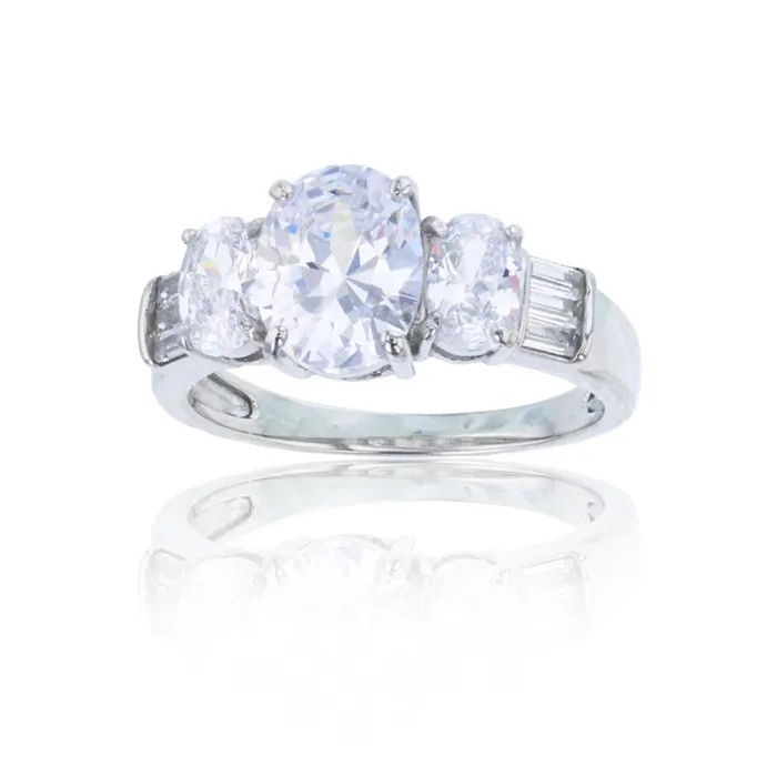 Silver Rings Sterling Silver Rhodium Three Oval Stone Cubic Zirconia Engagement Ring Silver Rings Sterling Silver Rhodium Three Oval Stone Cubic Zirconia Engagement Ring