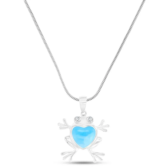 Sterling Silver Rhodium Heart Larimar Frog 22 Round Snake Adjustable Necklace Silver Necklaces